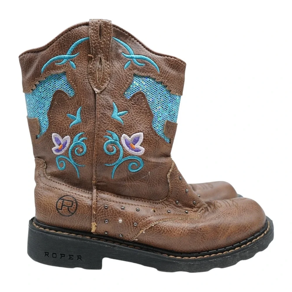 Roper Cowboy Boots Girls Size 2 Brown Turquoise Glitter Light Up Western Logo